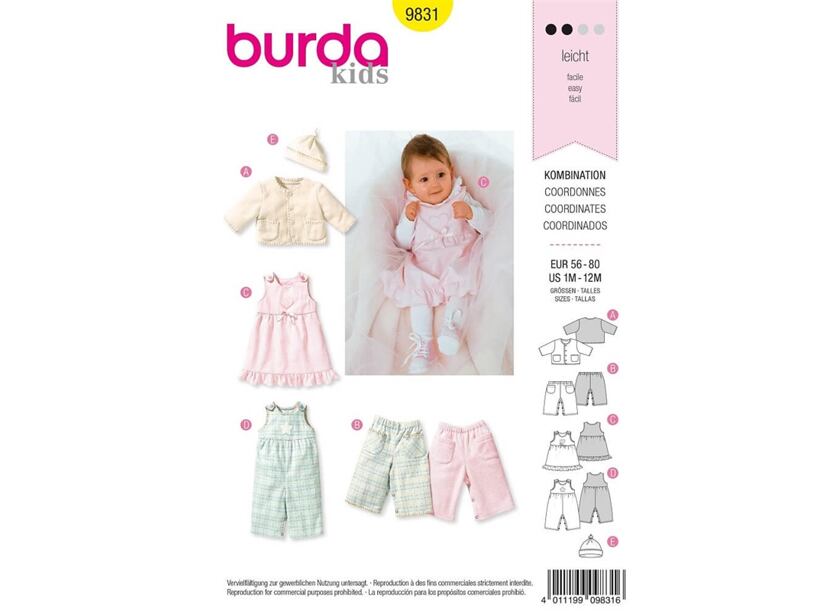 Strih Burda žltý 9831 - detská mikina, nohavice, bodýčko a šaty