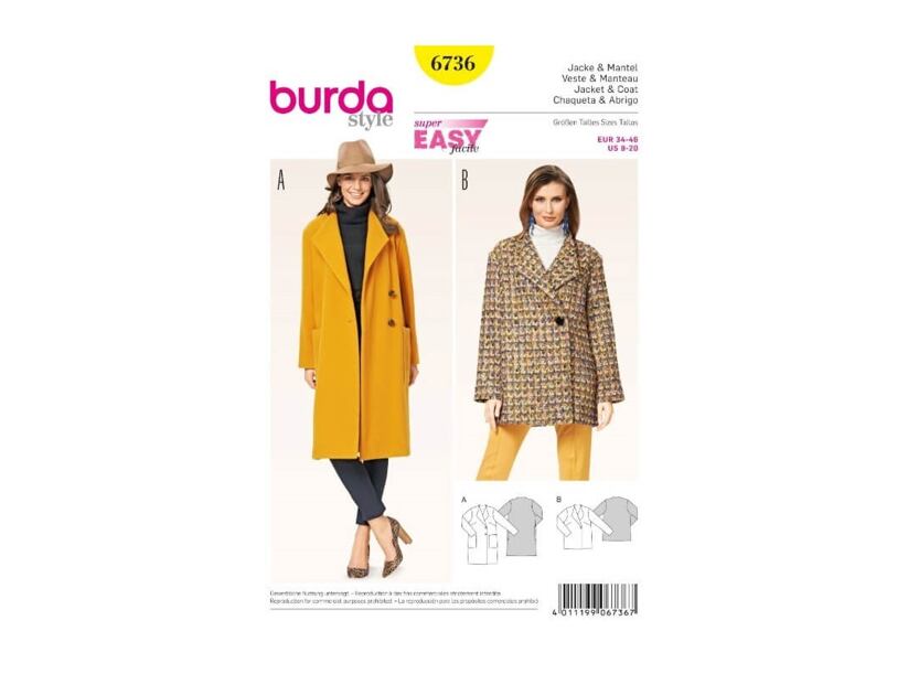 Strih Burda žltý 6736 - dámsky kabát, krátky kabát
