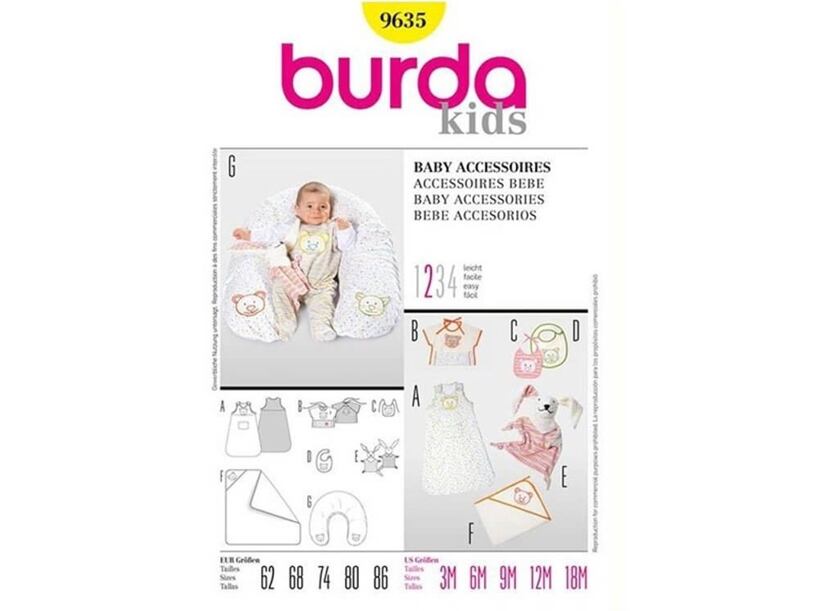 Strih Burda žltý 9635 - spací vak, deka, dojčiace vankúš, podbradníky, maňuška