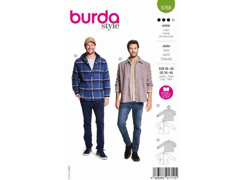 Strih Burda zelený 5768 - pánska košeľová bunda s kapucňou, vrchná košeľa