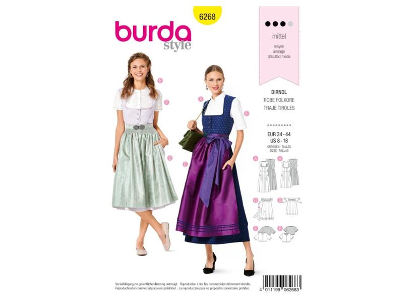 Strih Burda žltý 6268 - krojové šaty, zástera, blúzka