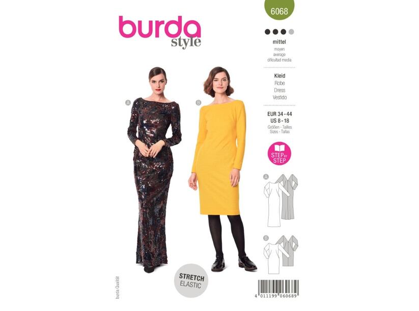 Strih Burda zelený 6068 - puzdrové šaty s výstrihom na chrbte, plesové šaty