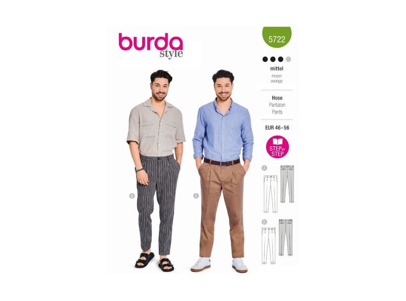 Strih Burda zelený 5722 - pánske nohavice, nohavice so skladmi