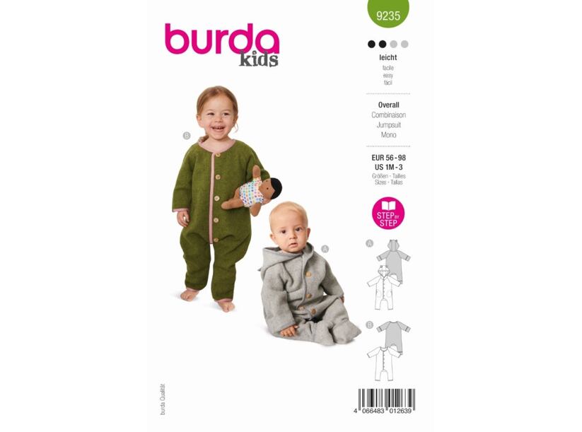 Strih Burda zelený 9235 - overal, kombinéza pre bábätká