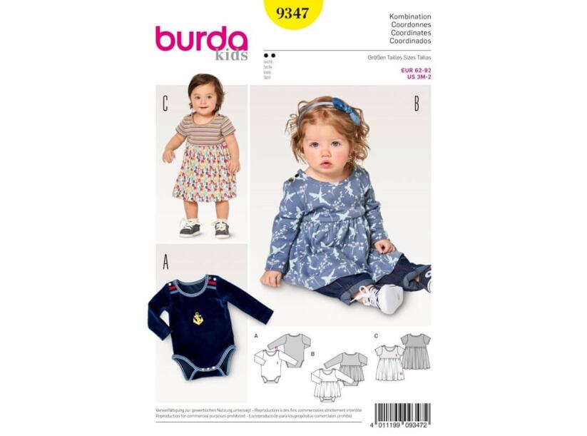 Strih Burda žltý 9347 - detské bodýčko, bodýčko so sukňou