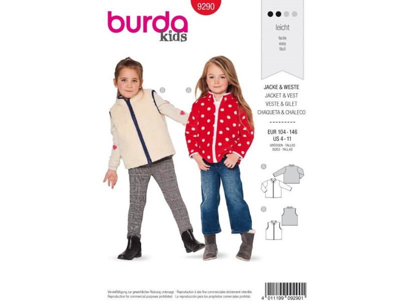 Strih Burda červený 9290 - detská bunda na zips, vesta