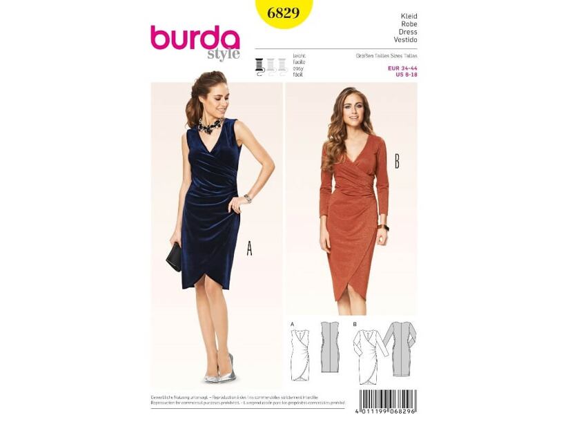 Strih Burda žltý 6829 - dámske zavinovacie šaty, koktailové šaty, džersejové šaty