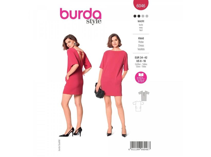 Strih Burda červený 6046 - mini šaty s výstrihom na chrbte