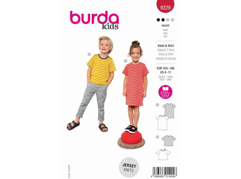 Strih Burda červený 9229 - detské tričkoové šaty, tričko pre dievčatá a chlapcov