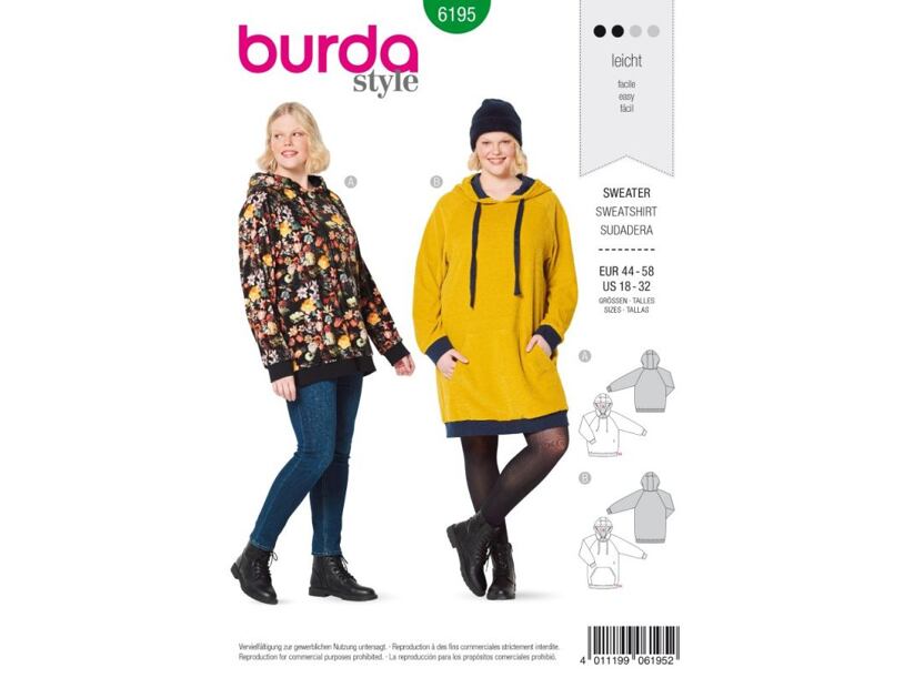 Strih Burda zelený 6195 - mikina s kapucňou, mikinové šaty pre plnoštíhle