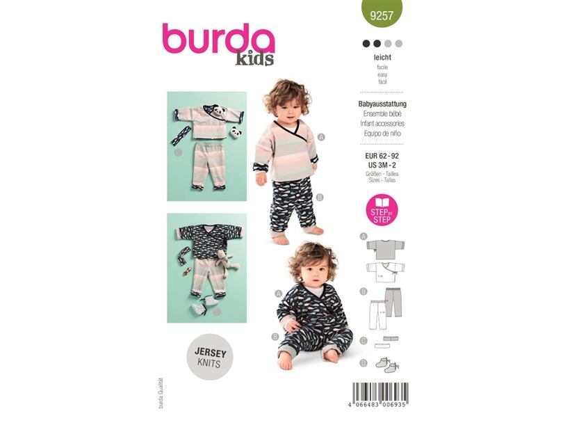 Strih Burda zelený 9257 - zavinovacie tričko, tepláčky, čelenka a capáčky