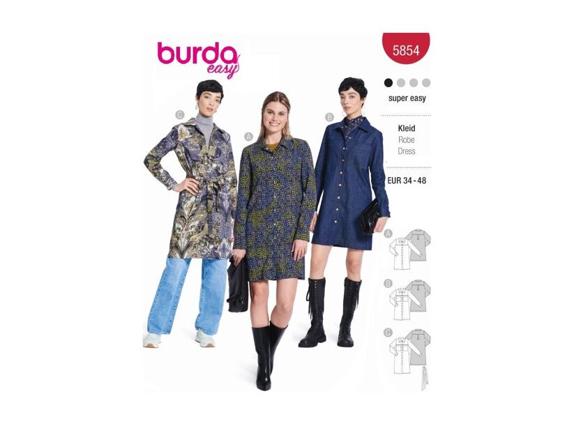 Strih Burda červený 5854 - košeľové šaty, džínsové šaty