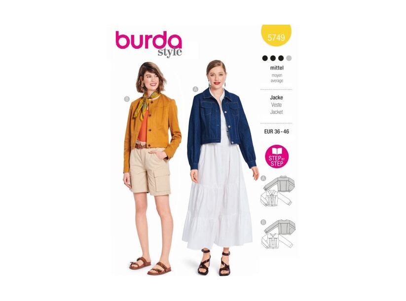 Strih Burda červený 5749 - džínsová bunda, kabátik sako