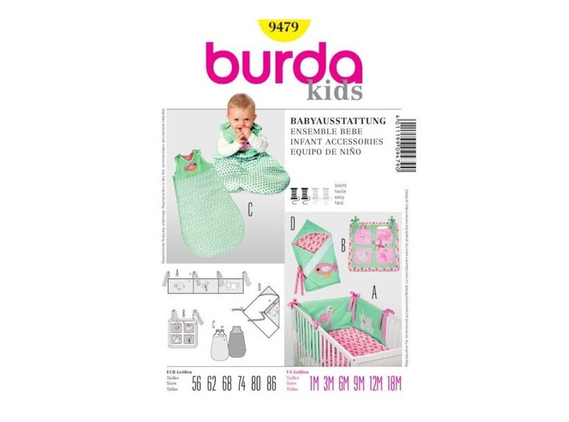 Strih Burda žltý 9479 - výbava do postieľky pre bábätko