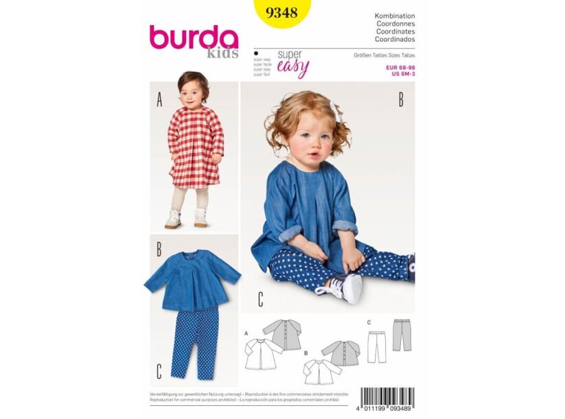 Strih Burda žltý 9348 - detské áčkové zapínacie šaty, tunika, nohavice