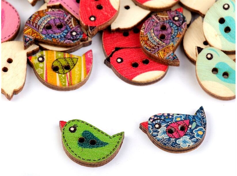 Drevený dekoračný gombík vtáčik (10ks)