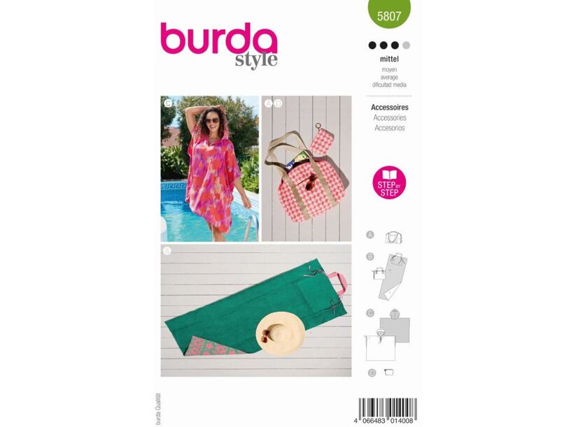 Strih Burda zelený 5807 - plážové pončo, skladacia podložka, plážová taška, taštička