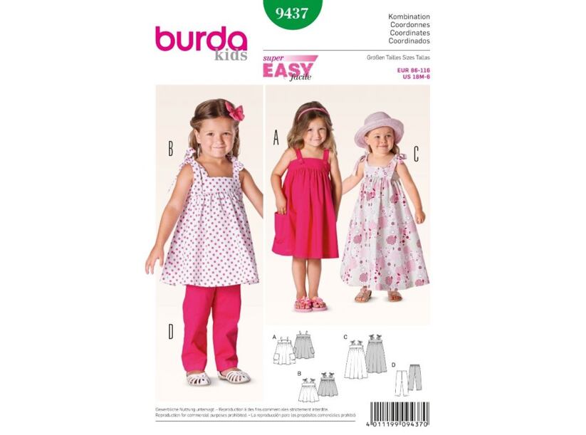 Strih Burda zelený 9437 - detské šaty, dlhé letné šaty, nohavice