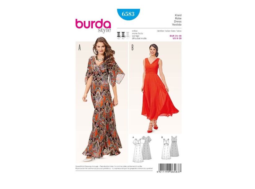 Strih Burda modrý 6583 - dámske empírové šaty, dlhé plesové šaty