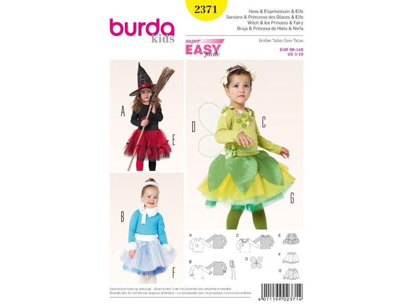 Strih Burda žltý 2371 - detský kostým čarodejnice, ľadová kráľovná, víla