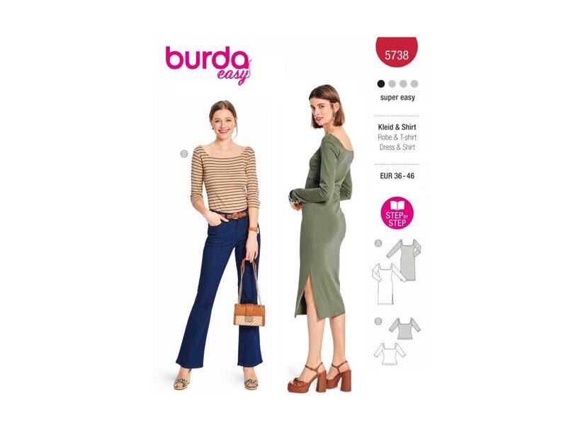 Strih Burda červený 5738 - tričkové šaty, džersejové šaty, tričko s hranatým výstrihom