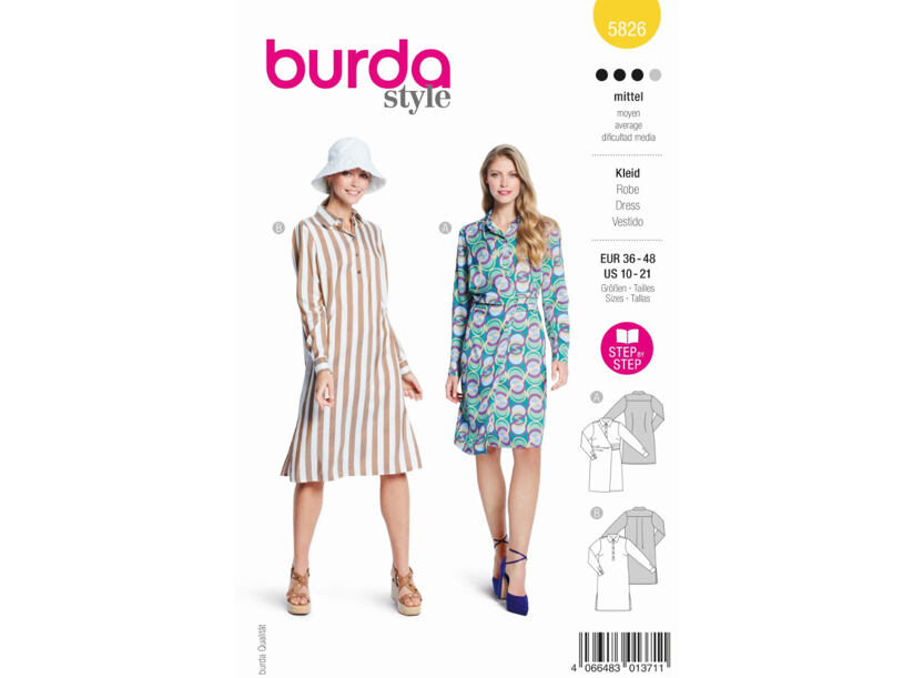 Strih Burda žltý 5826 - košeľové šaty, zavinovacie košeľové šaty