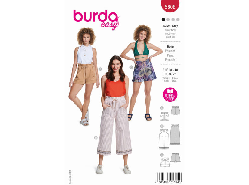 Strih Burda červený 5808 - nohavice so sťahovaním v páse, šortky, kraťasky, culottes