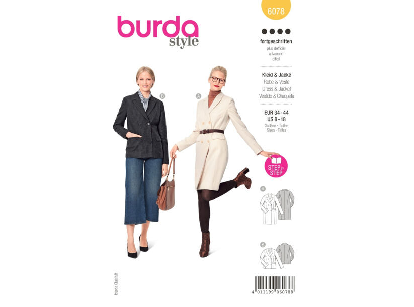 Strih Burda žltý 6078 - sakové šaty, dlhé sako, dvojradové sako