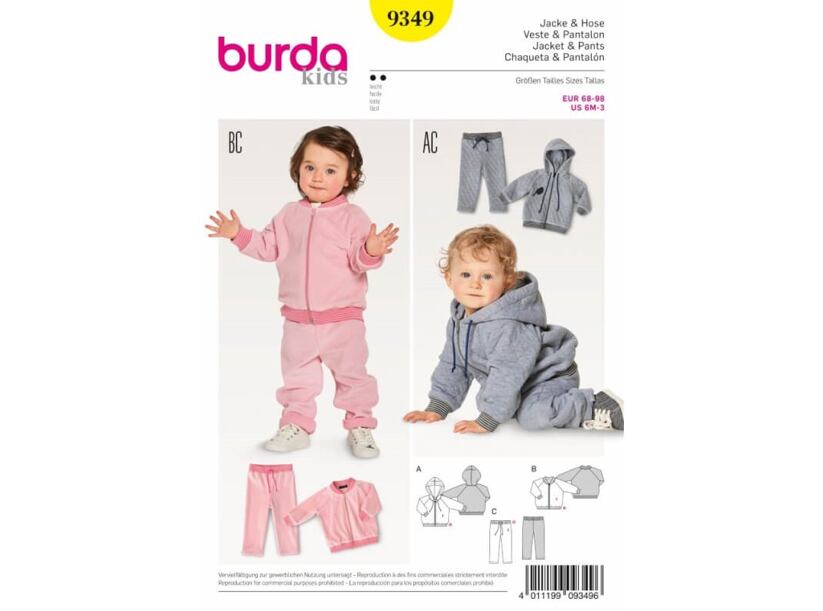 Strih Burda žltý 9349 - detská tepláková súprava, mikina s kapucňou, tepláky