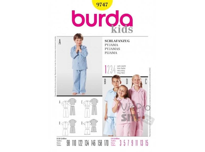 Strih Burda žltý 9747 - detské unisex pyžamo