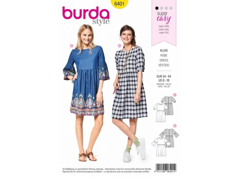 Strih Burda žltý 6401 - letné šaty, pohodlné šaty, flanelové šaty