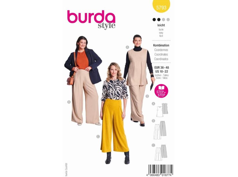 Strih Burda žltý 5793 - top bez rukávov, tunika, voľné nohavice so skladmi