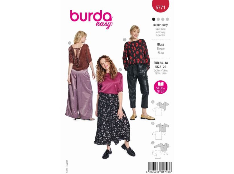 Strih Burda červený 5771 - blúzka s výstrihom na chrbte, top so zaväzovaním na chrbte