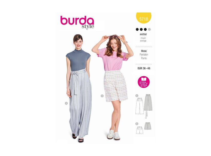 Strih Burda zelený 5718 - nohavice marlene so širokými nohavicami, šortky