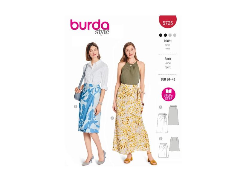 Strih Burda červený 5725 - zavinovacie sukne, sukne so skladmi