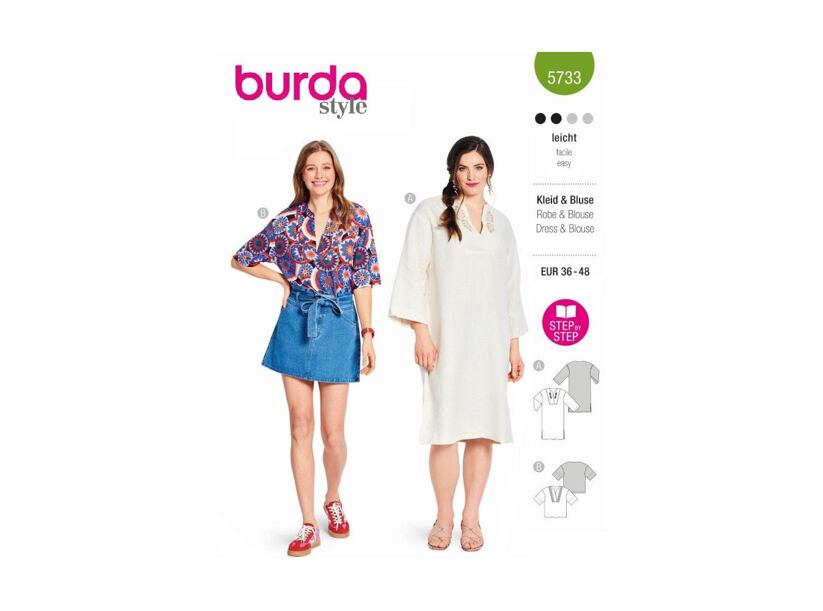 Strih Burda zelený 5733 - voľné tunikové šaty, blúzka s plastrónom