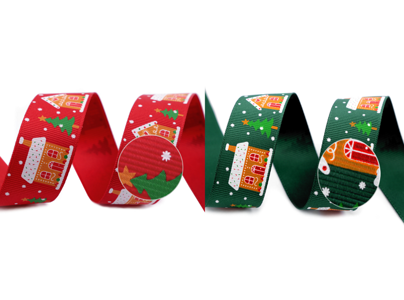 Vianočná rypsová stuha (25 mm x 3 m) - domčeky