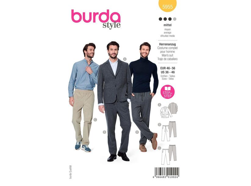 Strih Burda zelený 5955 - pánsky ležérny oblek, sako, teplákové nohavice