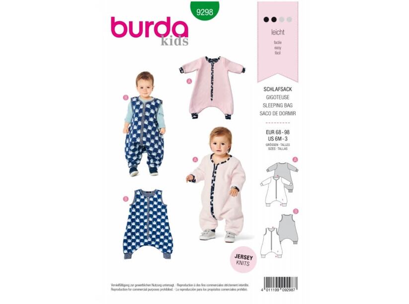 Strih Burda zelený 9298 - spací vak (overal) pre bábätká