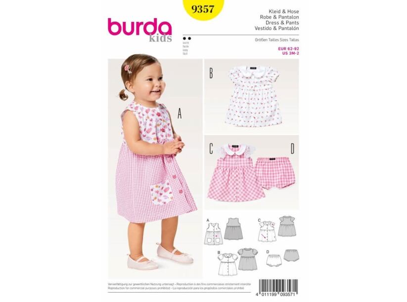 Strih Burda žltý 9357 - detské prepínacie šaty s golierom, nohavičky