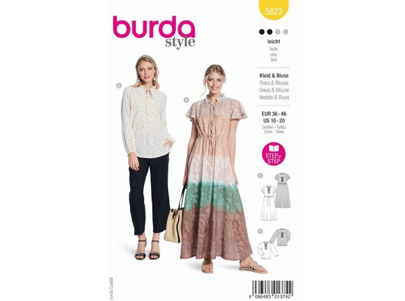 Strih Burda žltý 5823 - dámske šaty, maxi šaty, blúzka