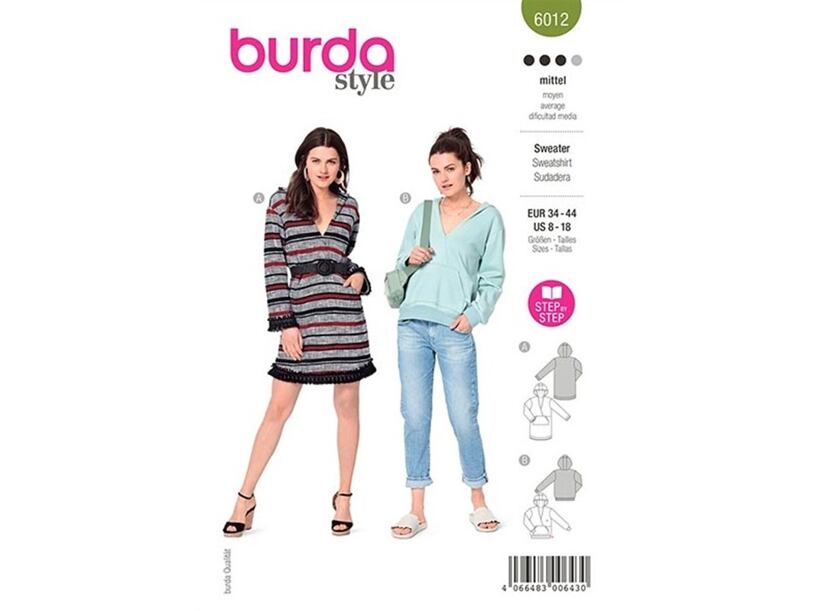 Strih Burda zelený 6012 - mikinové šaty, mikina s kapucňou