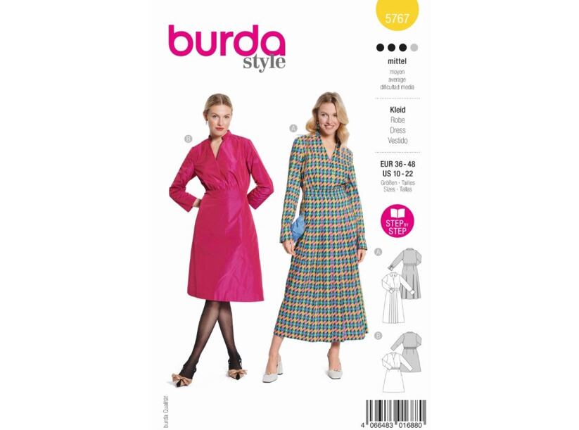 Strih Burda žltý 5767 - zavinovacie šaty, košeľové šaty, taftové šaty