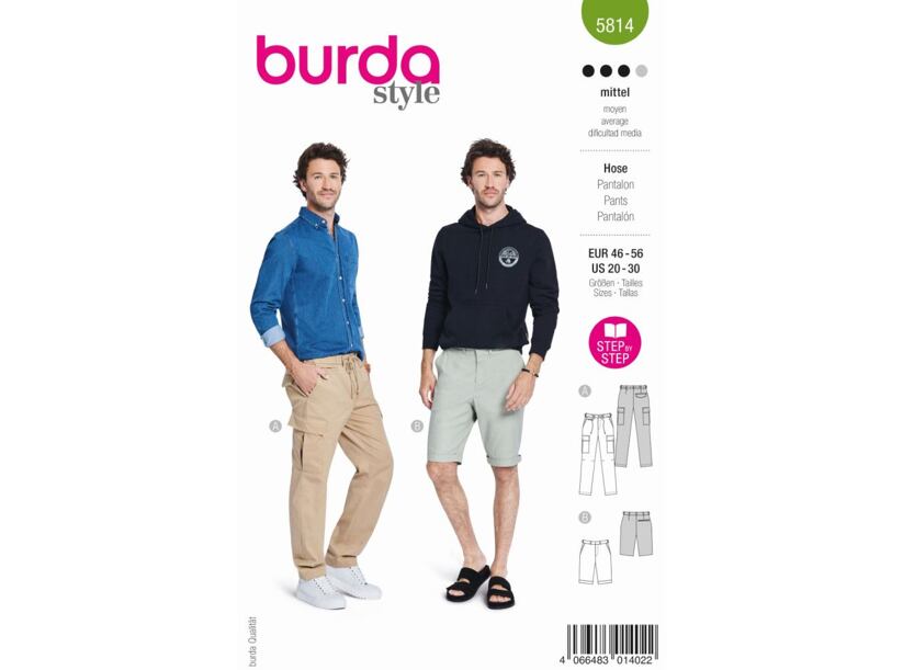 Strih Burda zelený 5814 - pánske nohavice s gumou v páse, bermudy