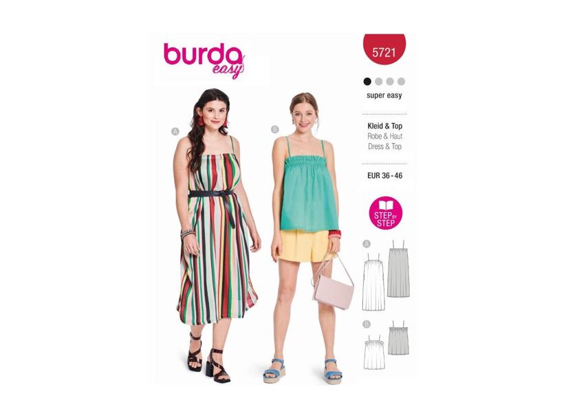 Strih Burda zelený 5721 - voľné šaty na ramienka, top na ramienka, plážové šaty