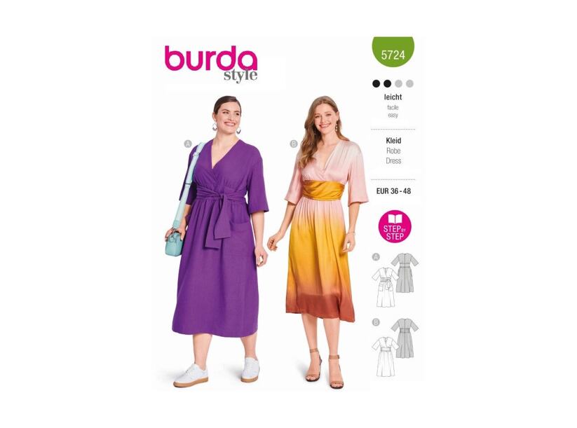 Strih Burda zelený 5724 - zavinovacie šaty, midi šaty