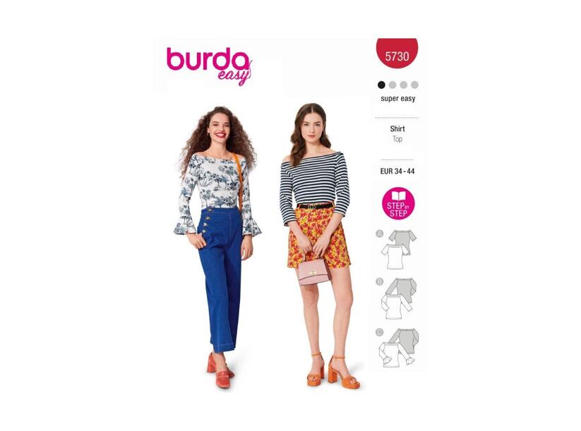 Strih Burda červený 5730 - tričko s lodičkovým výstrihom, tričko so spadnutými ramenami