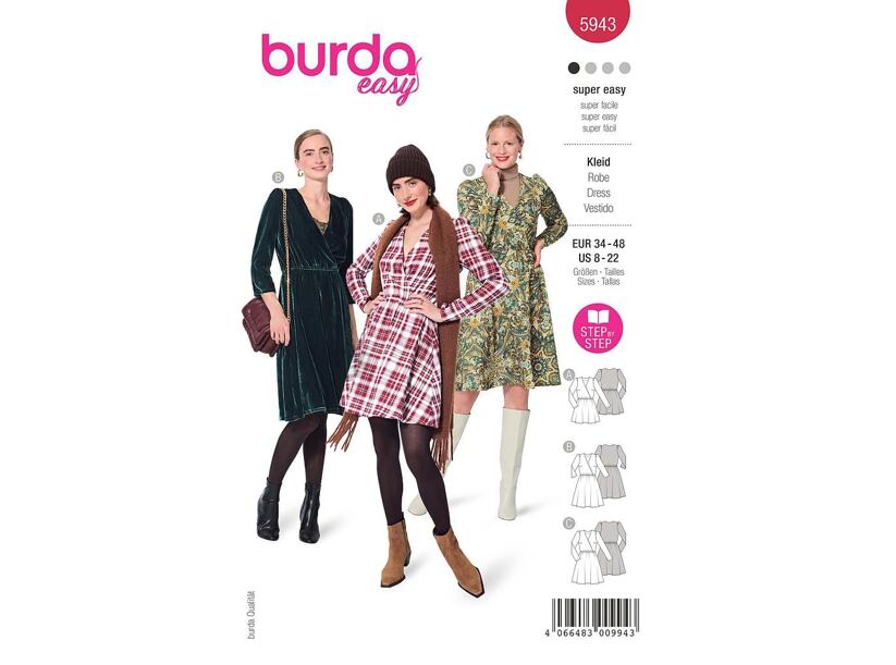 Strih Burda červený 5943 - zavinovacie šaty s gumou v páse, zamatové šaty