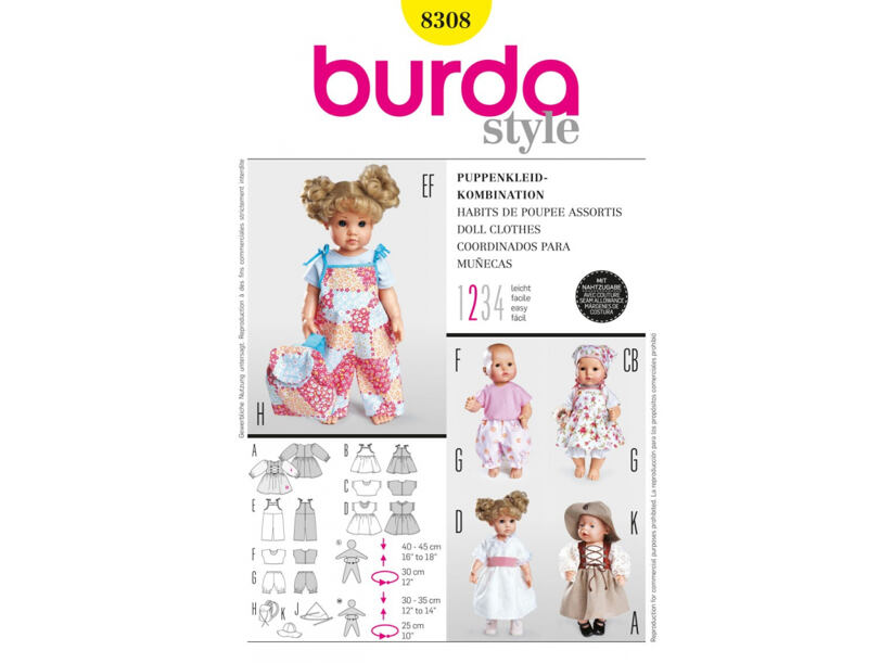 Strih Burda žltý 8308 - oblečky pre bábiky