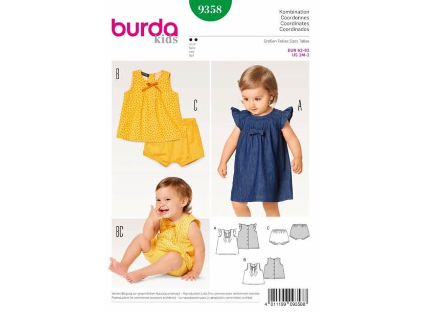 Strih Burda zelený 9358 - detské áčkové zapínacie šaty, blúzka, nohavičky